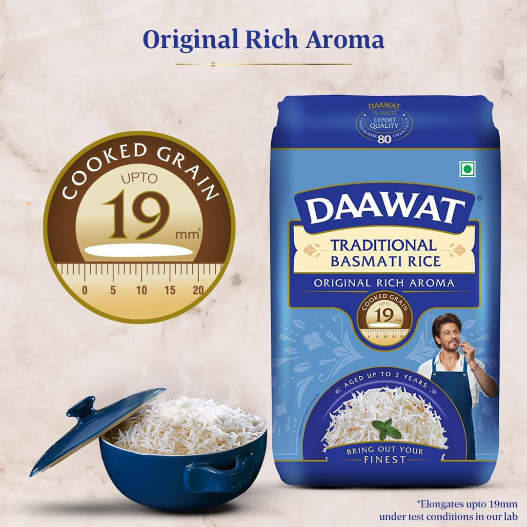 Daawat Traditional Basmati Rice 1kg Original Rich Aroma Long Grain Rice Aged Up To 2 Years for Daily Cooking