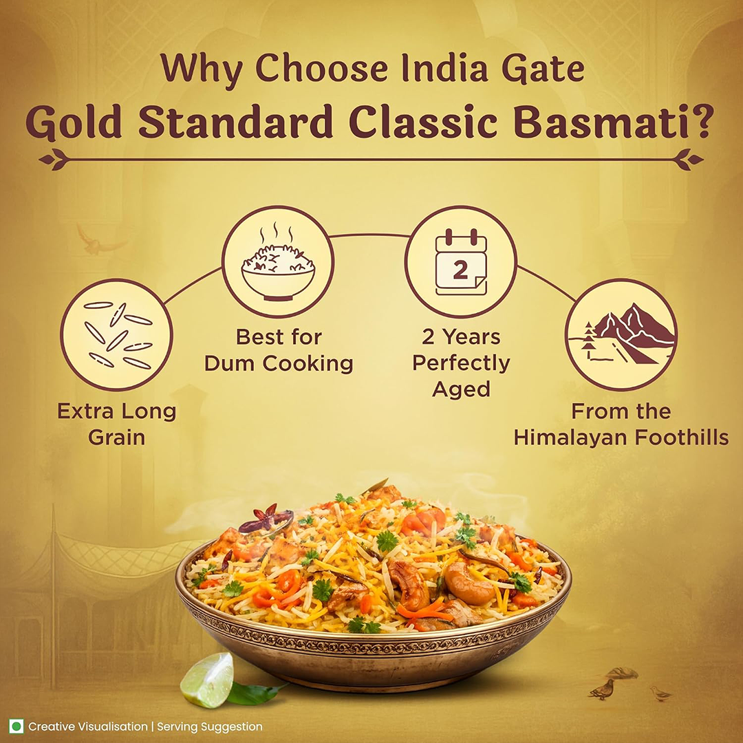 India Gate Classic Basmati Rice 1kg Pure Basmati Rice Extra Long Grain 2 Years Aged for Dum Cooking