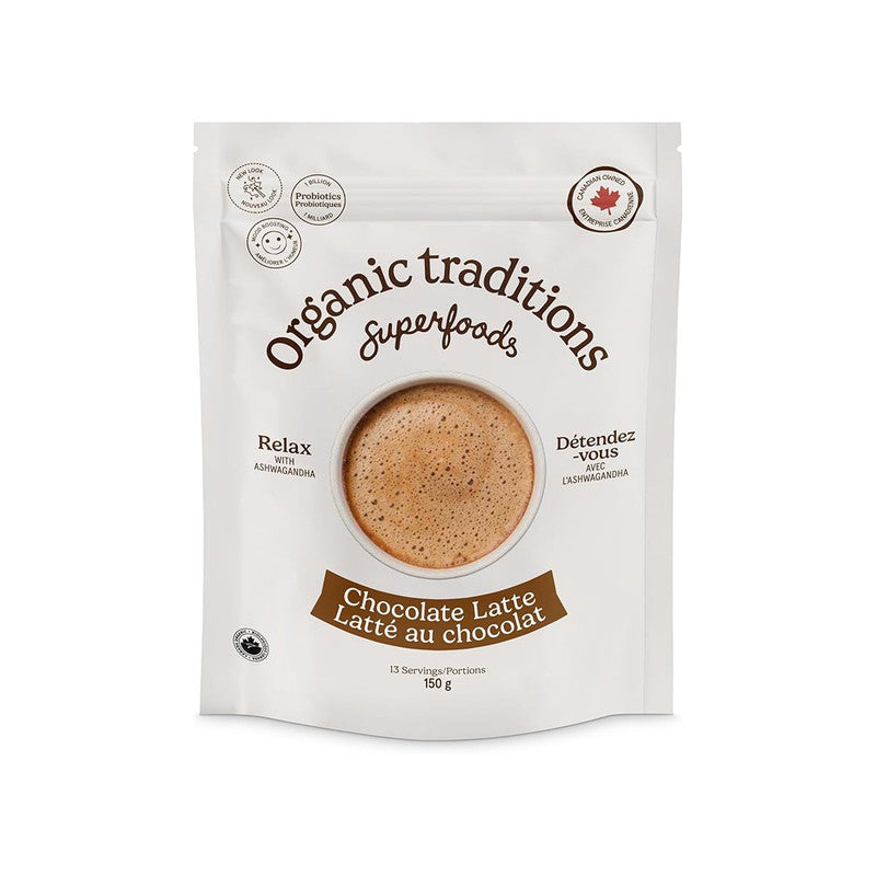 Organic Traditions Chocolate Latte Mix 150g with Ashwagandha Probiotics Dairy Free Caffeine Free Instant Healthy Drink