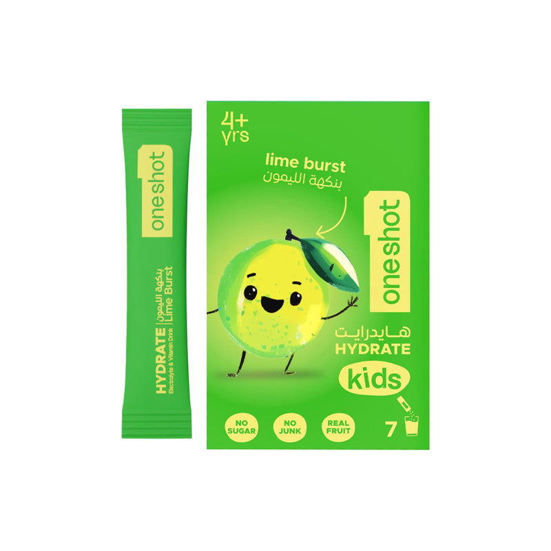 Oneshot Kids Hydration Electrolyte Drink Mix Lime Burst 7 Sticks Sugar Free with Vitamins Zinc Electrolytes