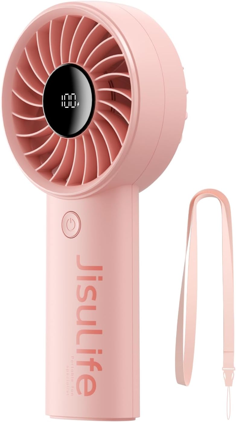 JISULIFE Rechargeable Handheld Mini Fan with Digital Display and 5 Speeds Pink