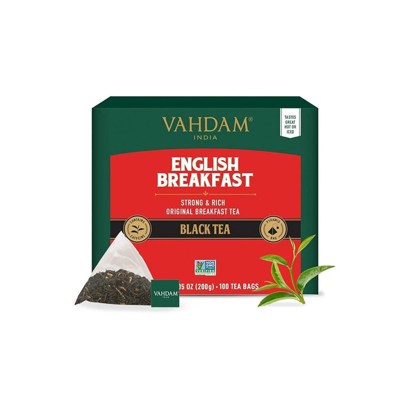 VAHDAM English Breakfast Tea Bags 100 Count Strong Robust Black Tea Pyramid Bags Halal Certified Loose Leaf Style