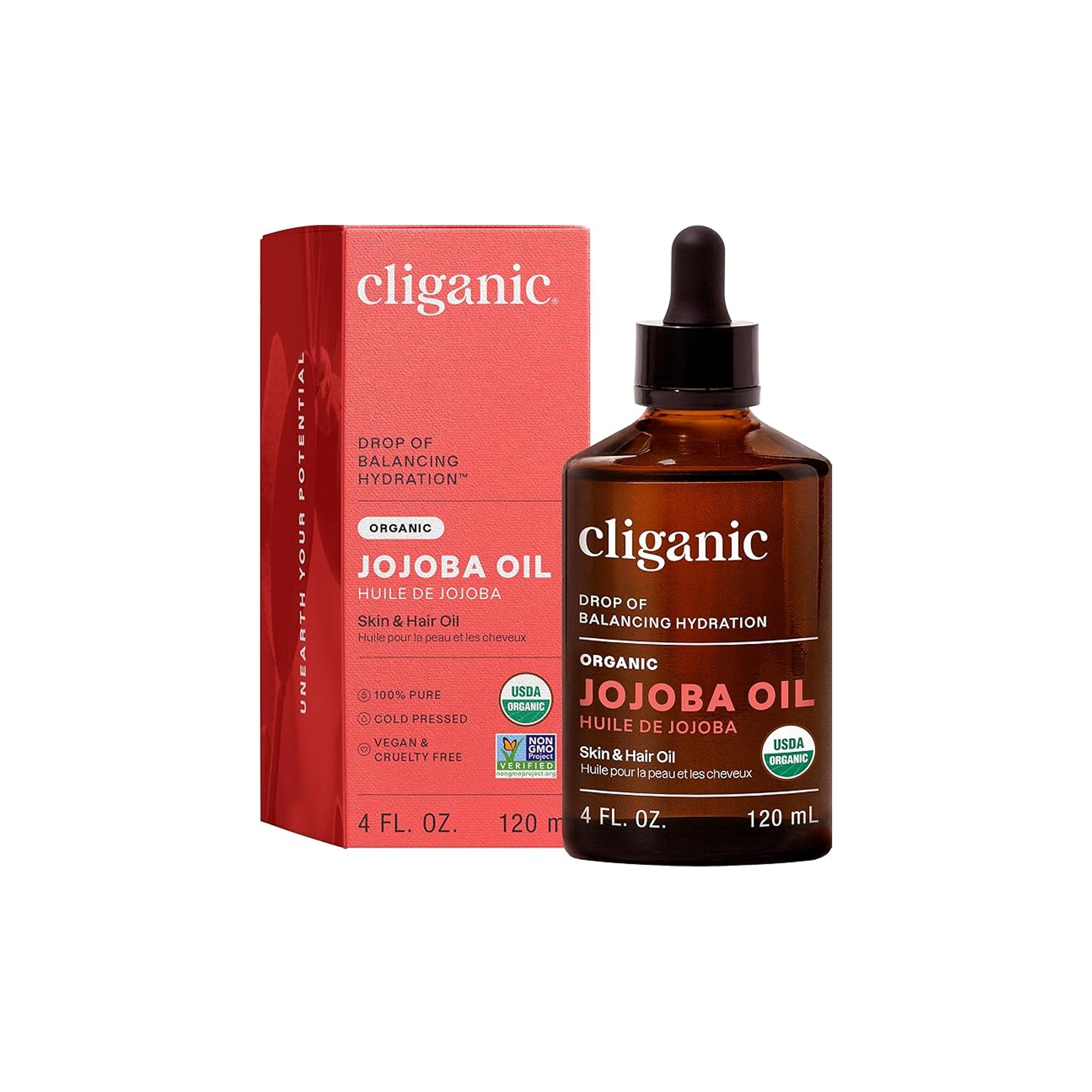 Cliganic Certified Organic Jojoba Oil 120ml 100% Pure Cold Pressed Unrefined Carrier Oil for Hair Face and Nails