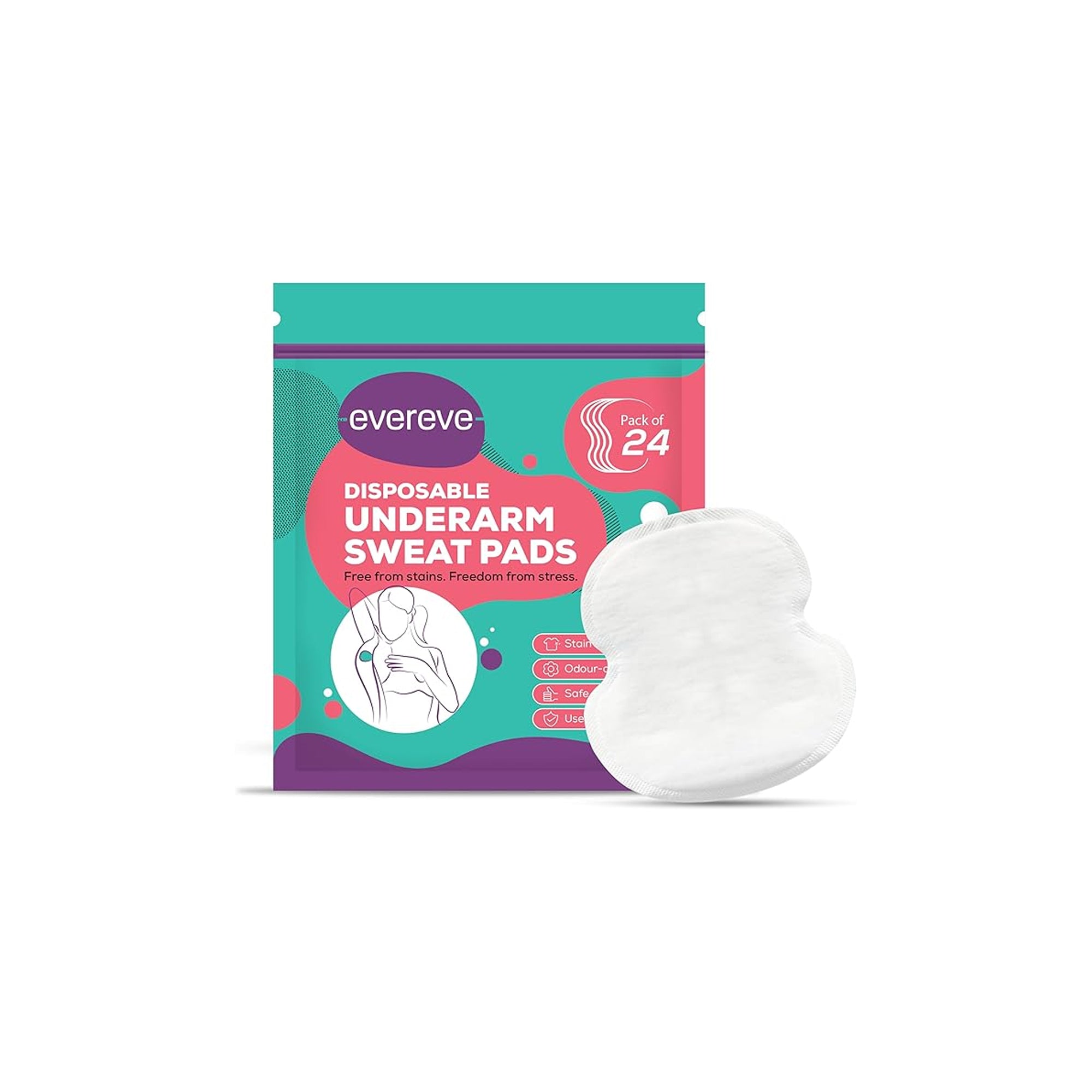 Evereve Disposable Underarm Sweat Pads 24 Pack Sweat Absorbent Odor Control Stain Proof Anti Bacterial Pads for Men and Women