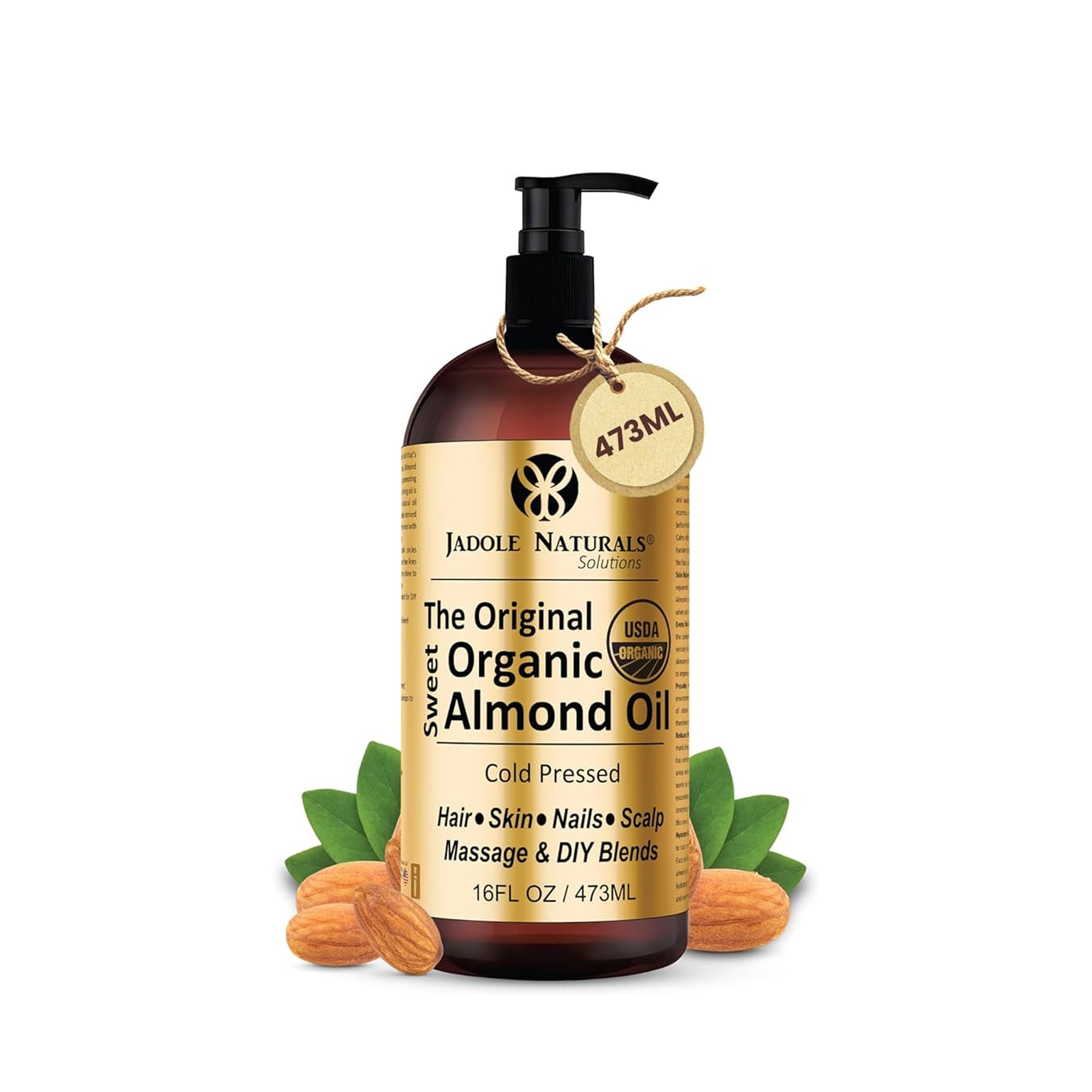 Jadole Naturals Organic Sweet Almond Oil 473ml Cold Pressed 100% Pure Natural Oil for Skin Hair and Massage Care