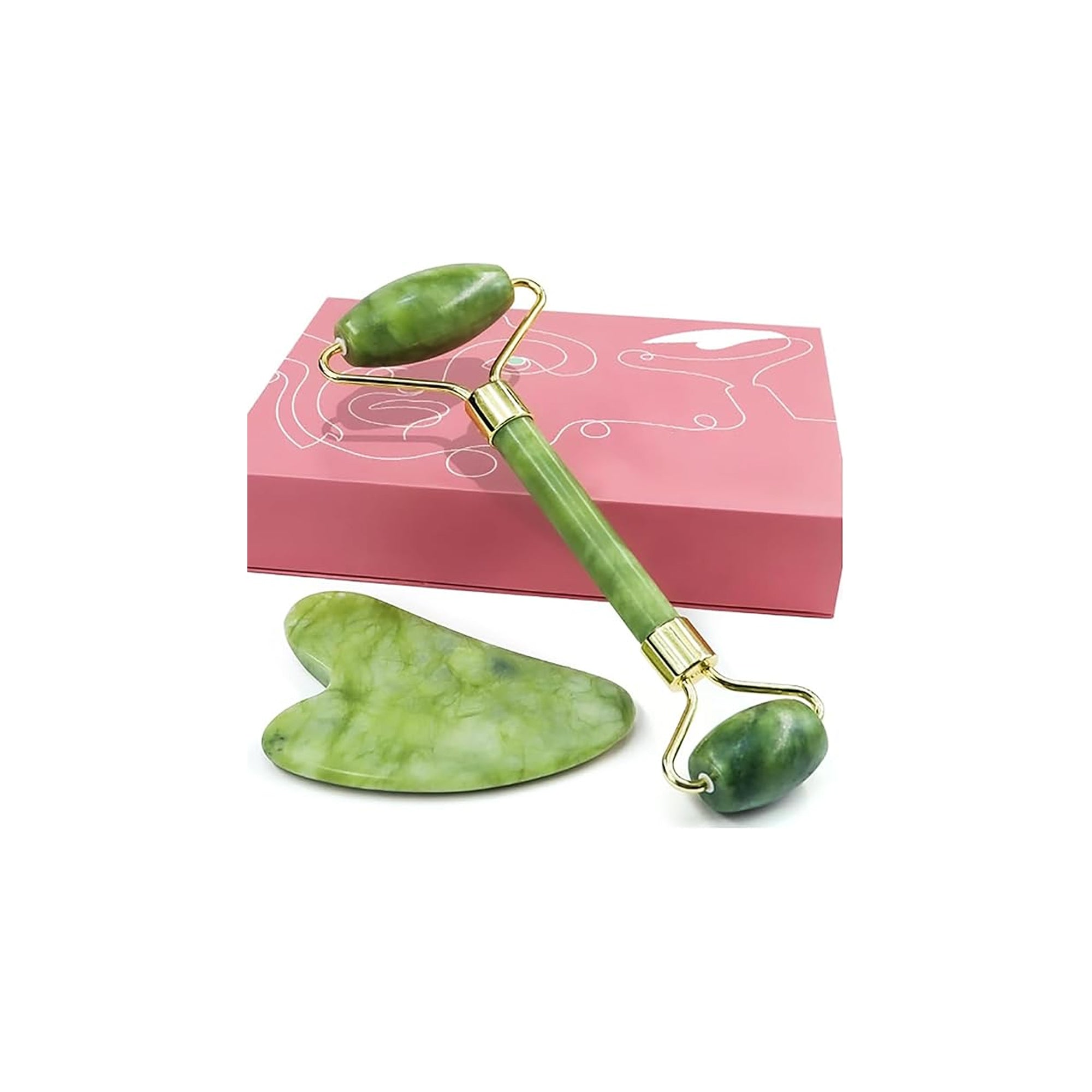 Jade Roller and Gua Sha Set 100% Natural Rose Quartz Facial Tools for Skin Care Anti Aging Wrinkles and Puffiness Reduction
