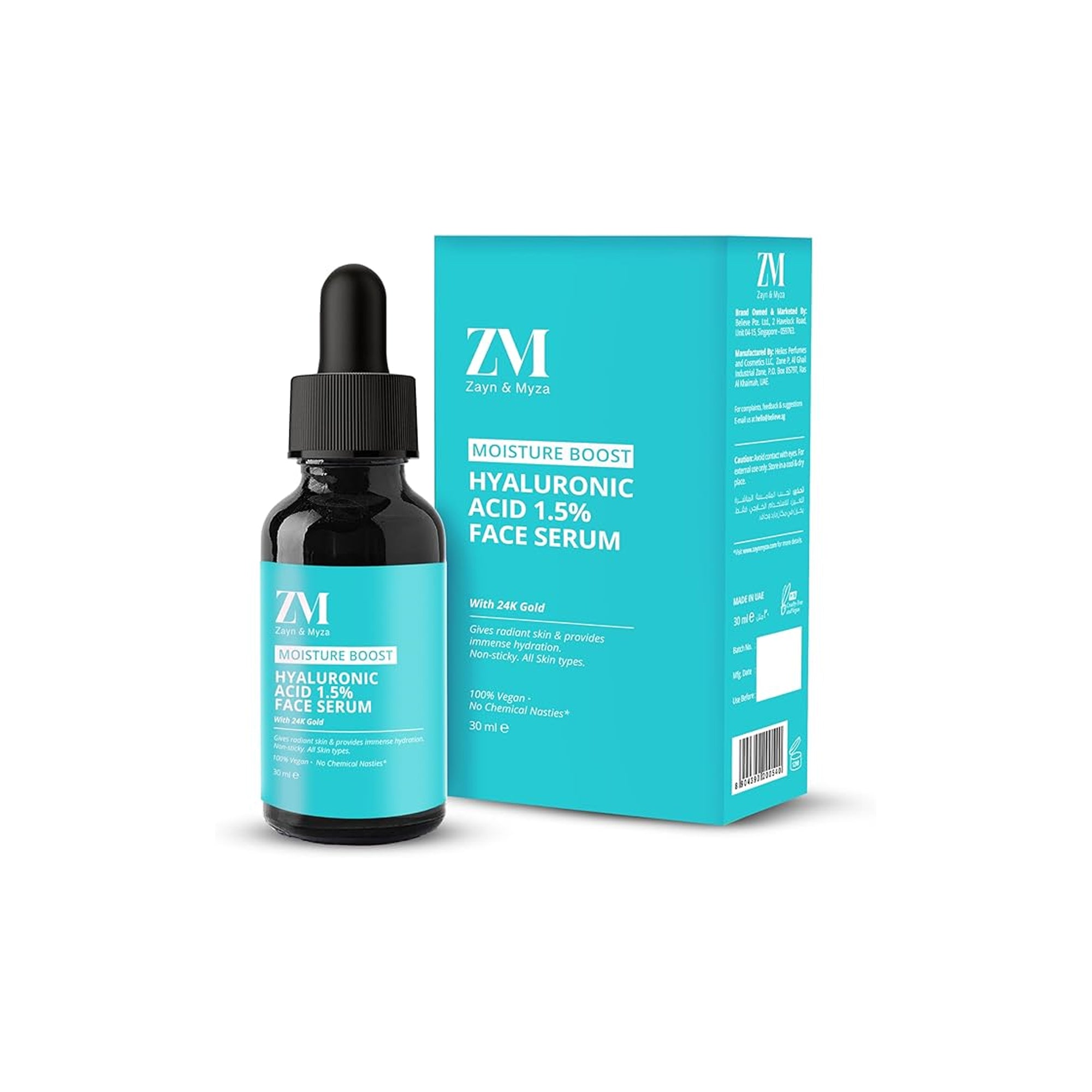 ZM Zayn & Myza Hyaluronic Acid 1.5% 24K Gold Face Serum 30ml Deep Hydration Glow Boost for Normal to Dry Skin
