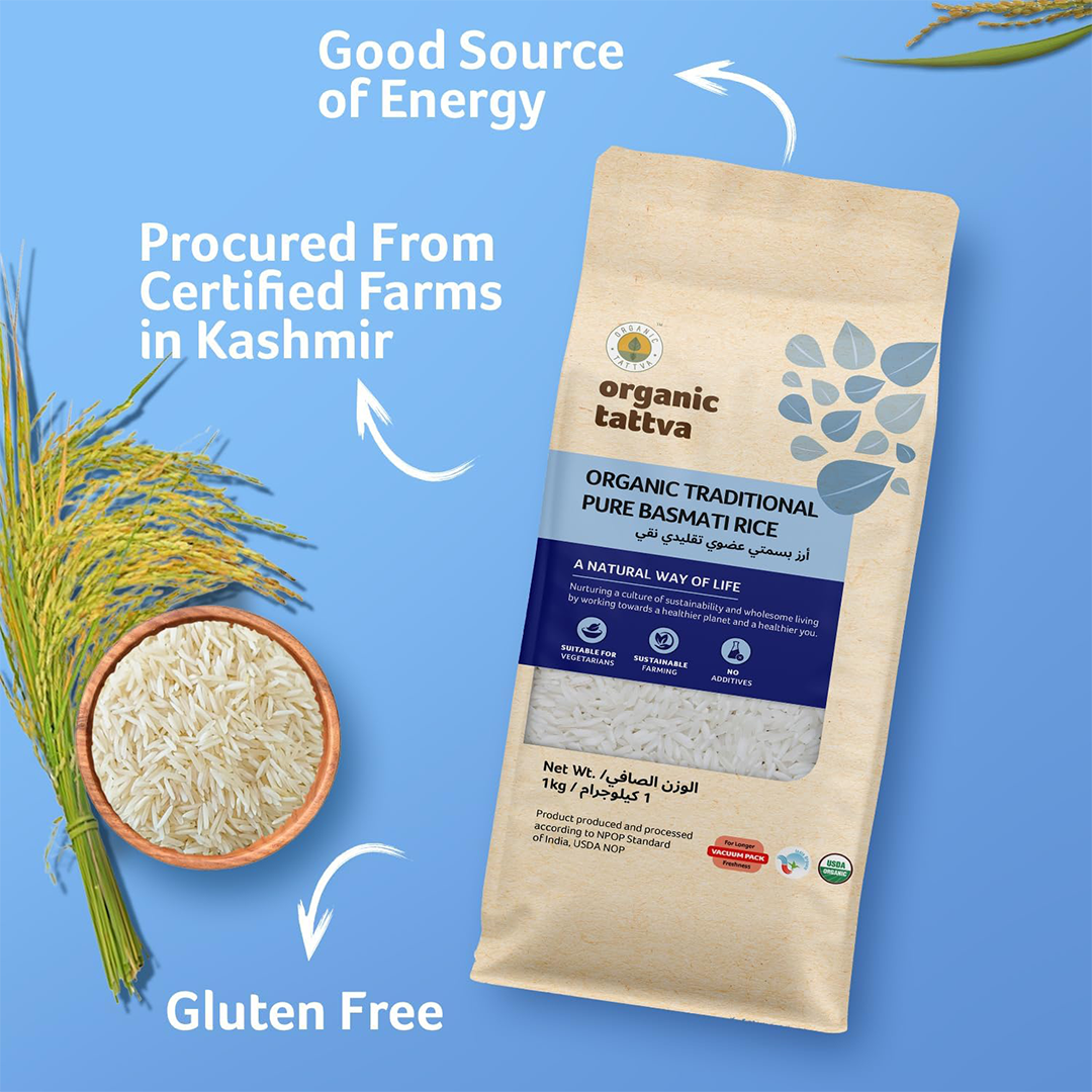 Organic Tattva Traditional Pure Basmati Rice 1kg Organic Long Grain Rice for Daily Cooking Biryani and Healthy Meals