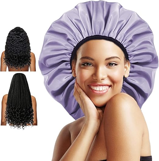 Auban Extra Large Shower Cap, Double-Layer Waterproof Reusable Satin Lining Shower Bonnet for Women Long Hair, Braids, Locs, perms (Purple)