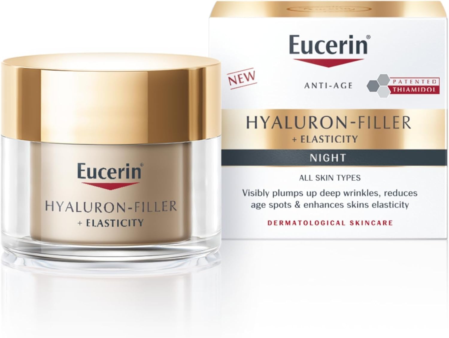 Eucerin Hyaluron-Filler + Elasticity Night Cream Plumps Up Deep Wrinkles, Enhances Skin Elasticity And Corrects Age-Spots for All Skin Types, 50ml