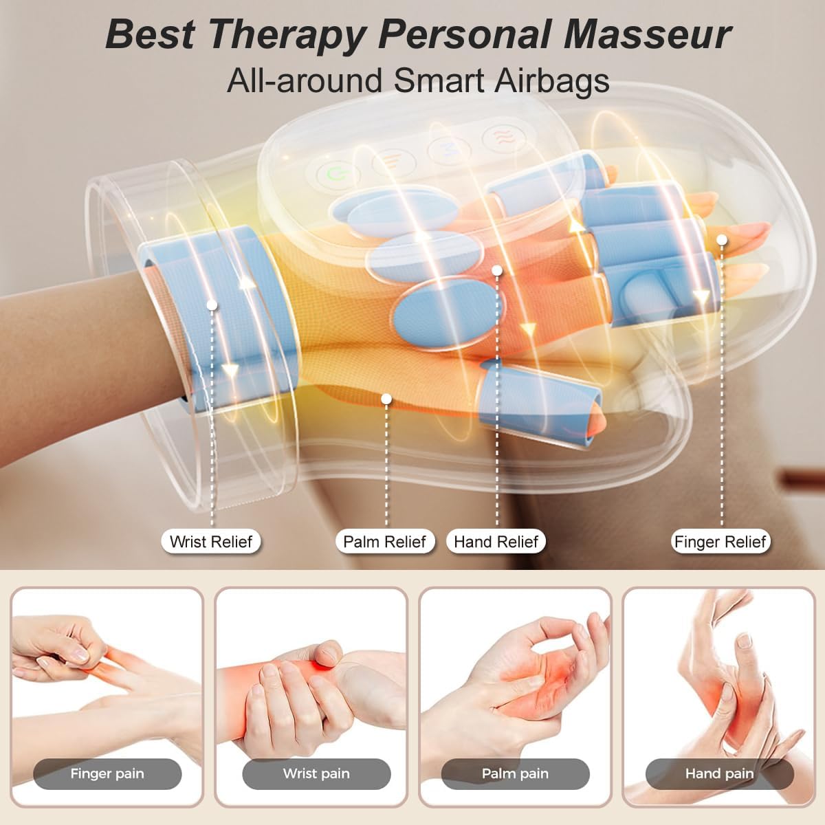 Smart Hand Massager with Heat and Compression, Cordless Electric Hand and Wrist Massager with Shiatsu Massage, Portable Hand Therapy Glove for Palm, Fingers and Wrist