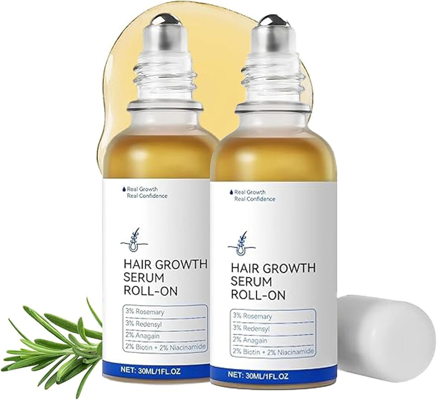 Hair Growth Serum Roll-On 2pcs 30ml Rosemary, Redensyl, Anagain & Biotin Scalp Treatment for Hair Fall & Regrowth Support