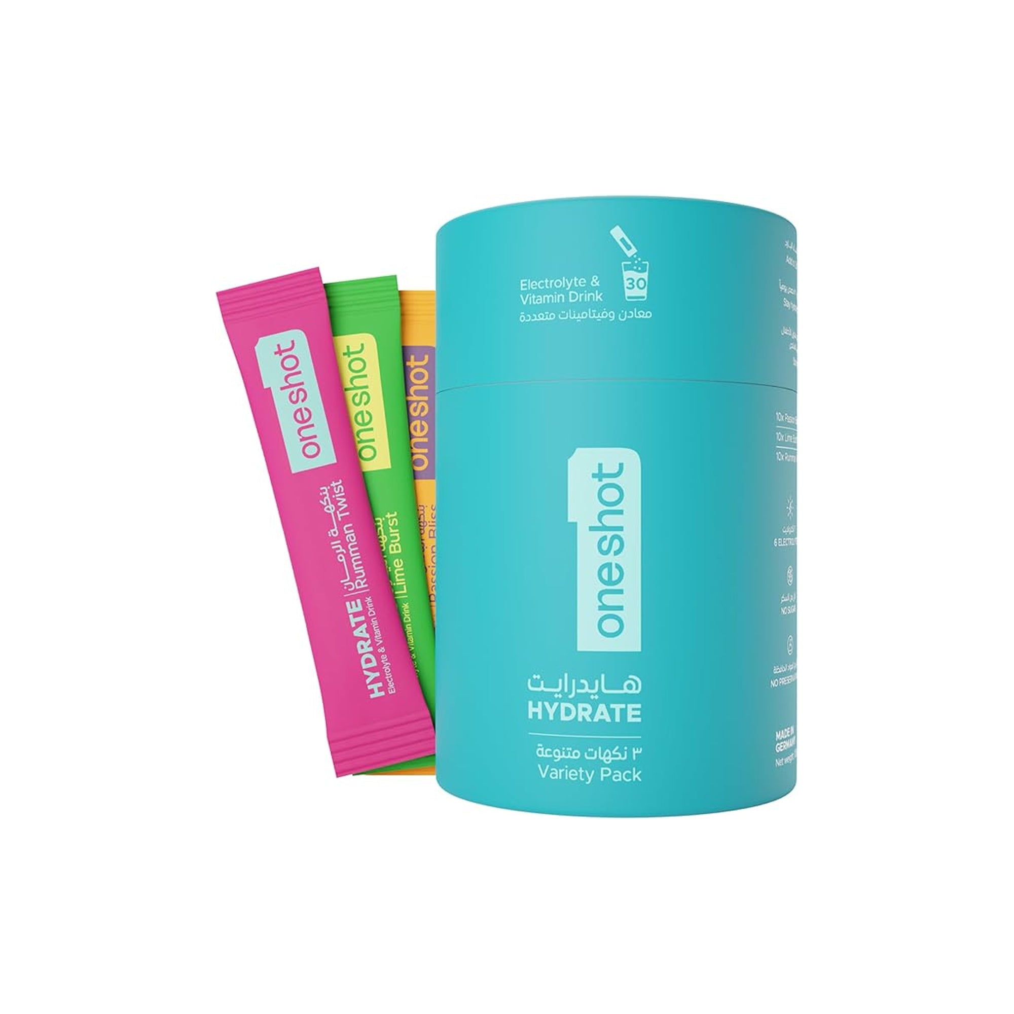 OneShot Hydration Variety Pack ƒ?? Sugar Free Electrolyte Powder Drink Mix with Vitamins & Zinc | Lime, Pomegranate & Passion Fruit Flavors | 30 Sachets