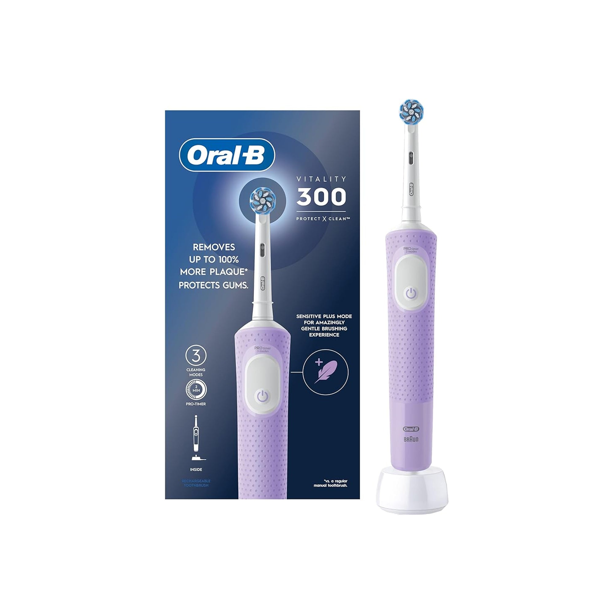 Oral-B Vitality 300 Rechargeable Electric Toothbrush ƒ?? CrossAction Brush Head, 3 Cleaning Modes & 2-Minute Timer | D103.413.3 Lilac