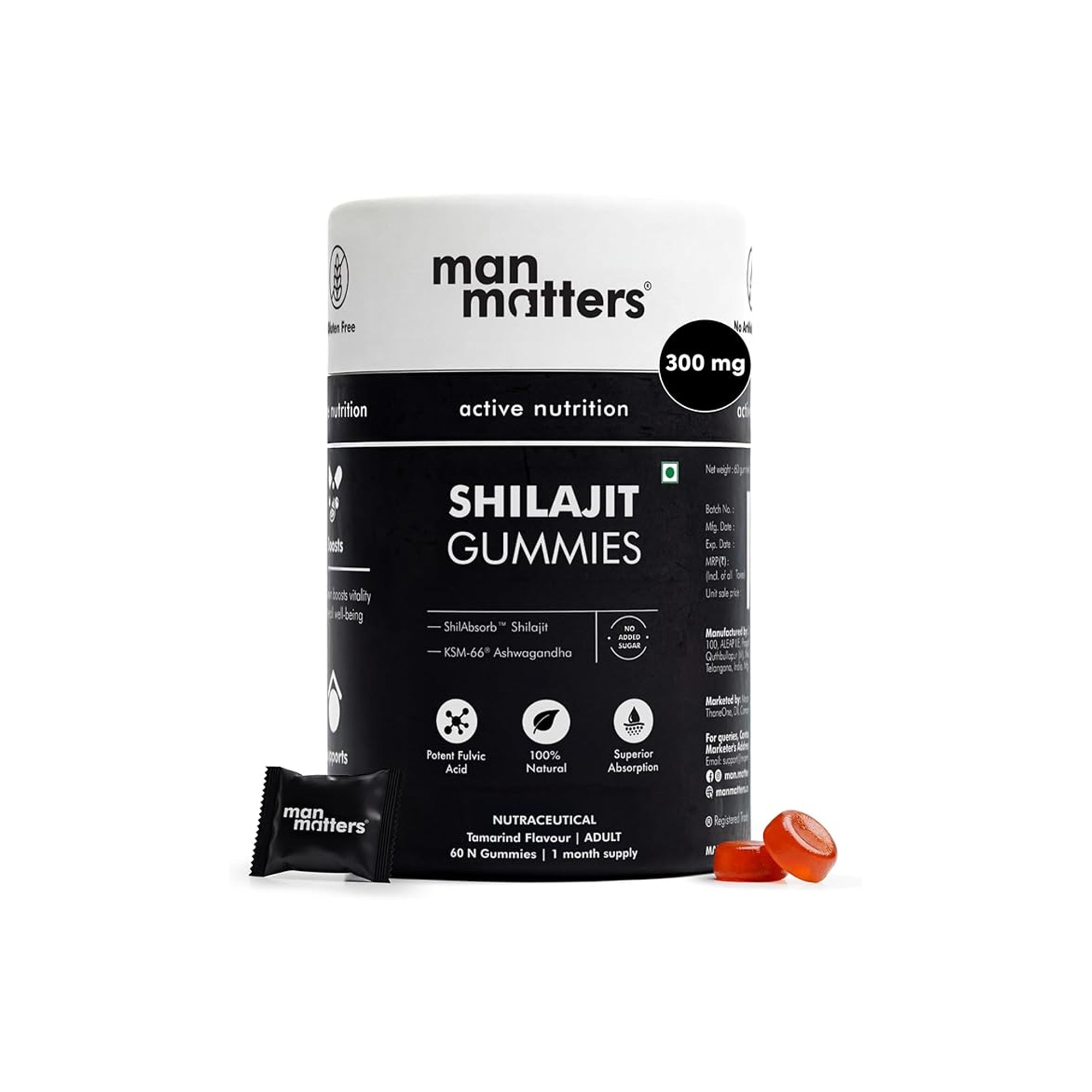 Man Matters Himalayan Shilajit Gummies 300 mg – With KSM-66 Ashwagandha & 75% Fulvic Acid | Energy, Stamina & Strength Support | Sugar-Free, Non-GMO, 60 Gummies