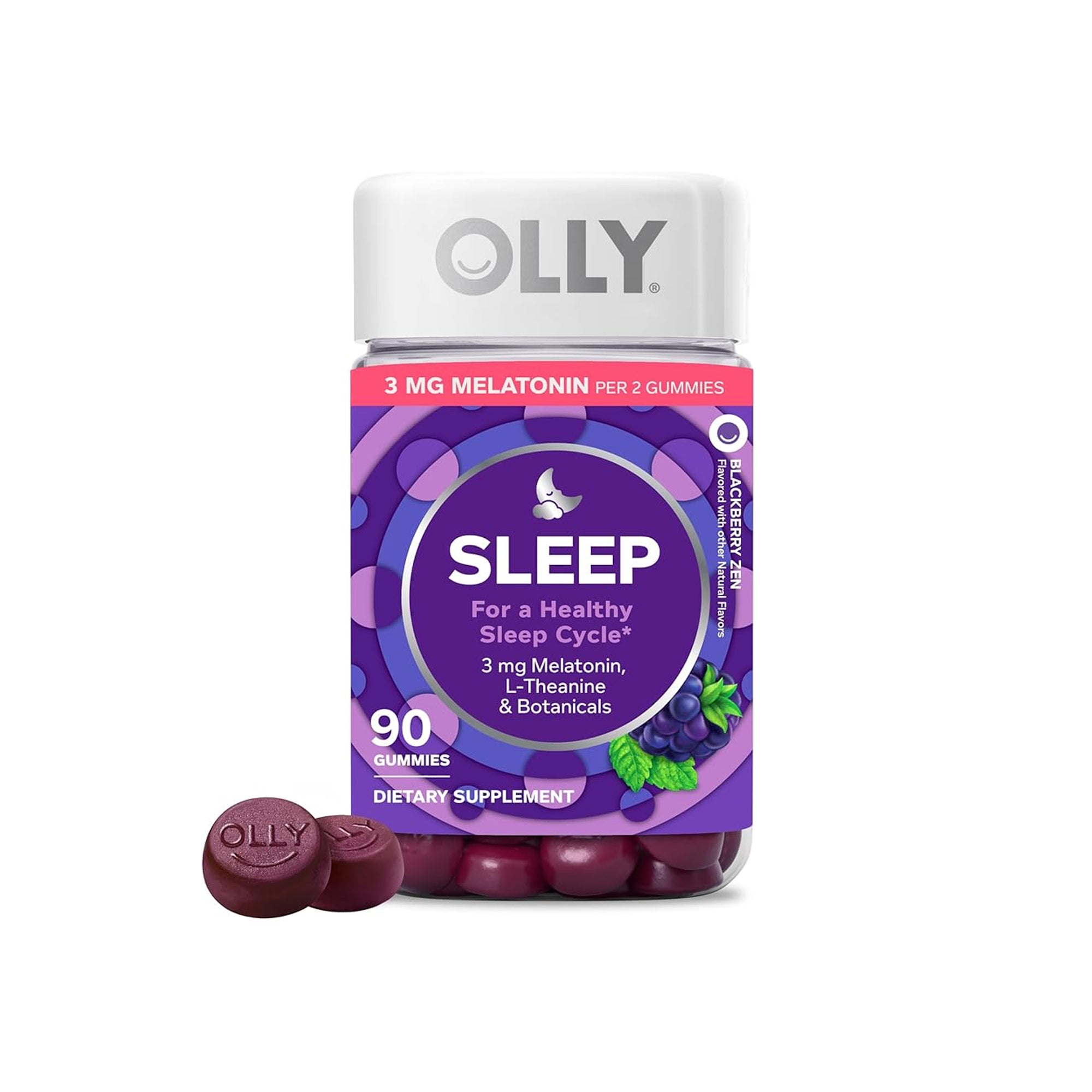 OLLY Sleep Gummies 3mg Melatonin – Sleep Aid with L-Theanine, Chamomile & Lemon Balm | Occasional Sleep Support, Blackberry Flavor, 90 Count