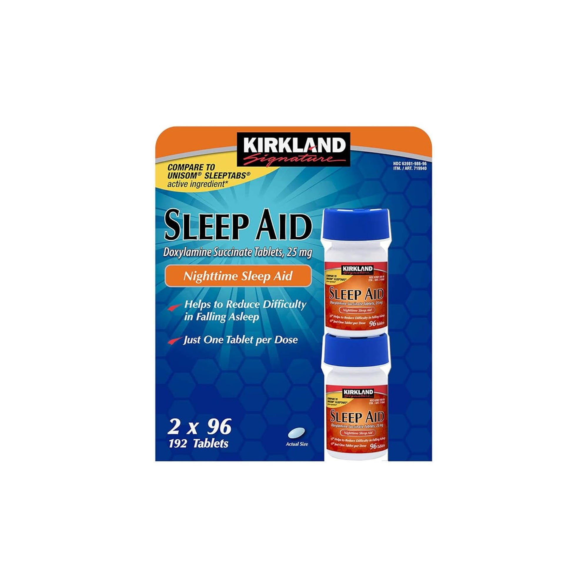 Kirkland Signature Sleep Aid 25 mg (Doxylamine Succinate) ƒ?? 2 Bottles x 96 Tablets | Nighttime Sleep Support for Occasional Insomnia