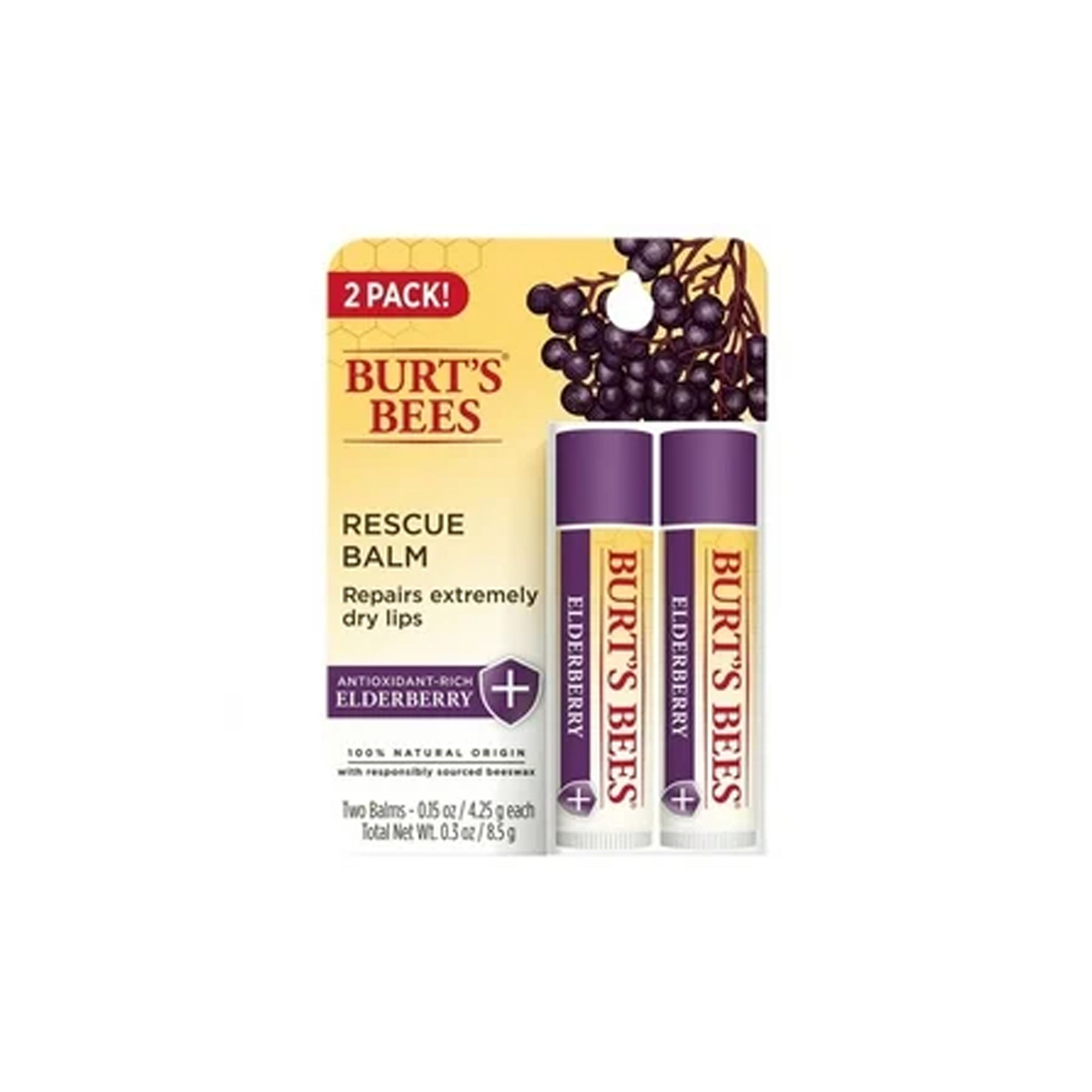 Burt's Bees 100% Natural Origin Rescue Lip Balm with Beeswax and Antioxidant-Rich Elderberry, 2 Tube in Blister Box, Package May Vary, Purpl