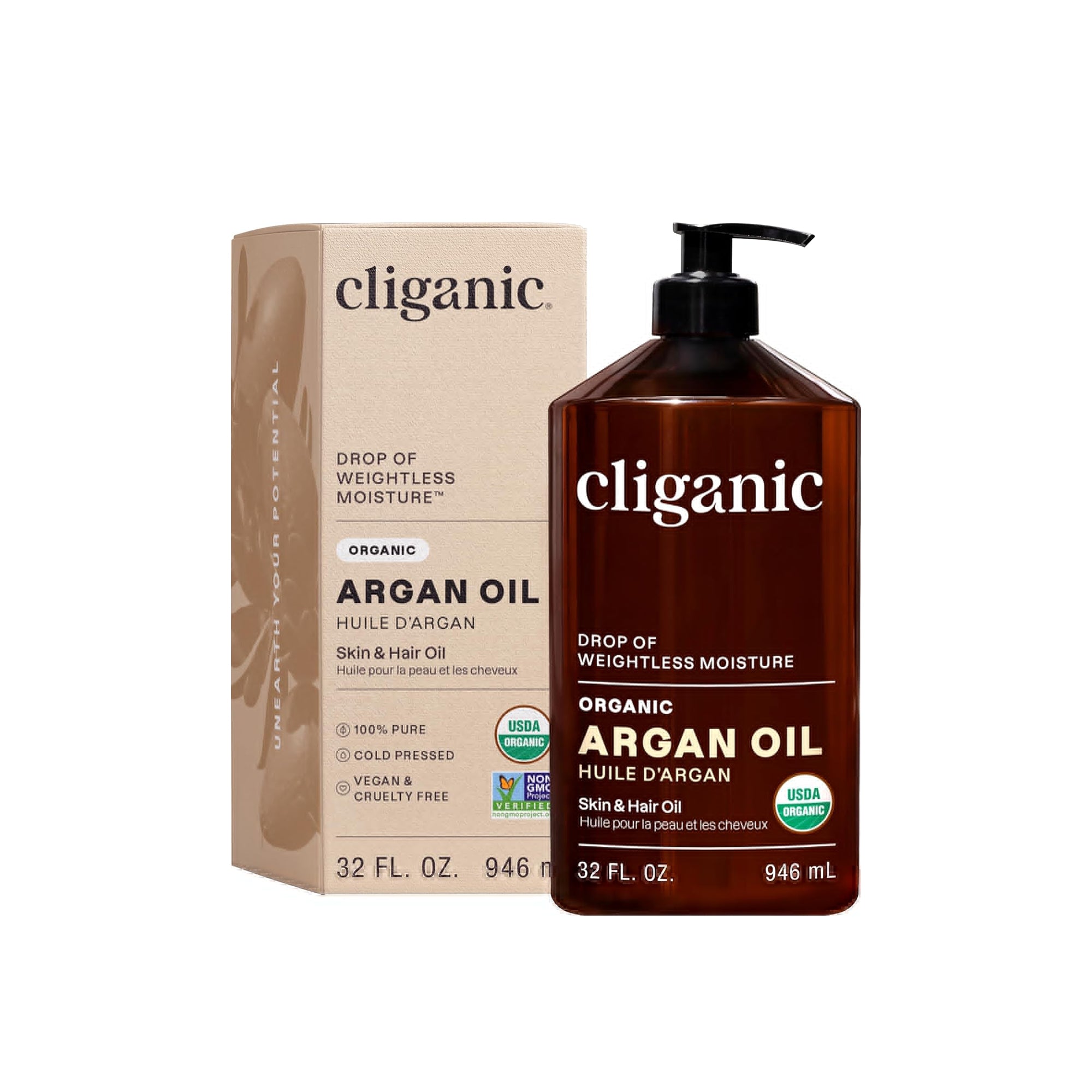 زيت الأرجان العضوي من Cliganic - نقي 100%، معصور على البارد للشعر والوجه والبشرة، عبوة كبيرة 32 أونصة مع مضخة