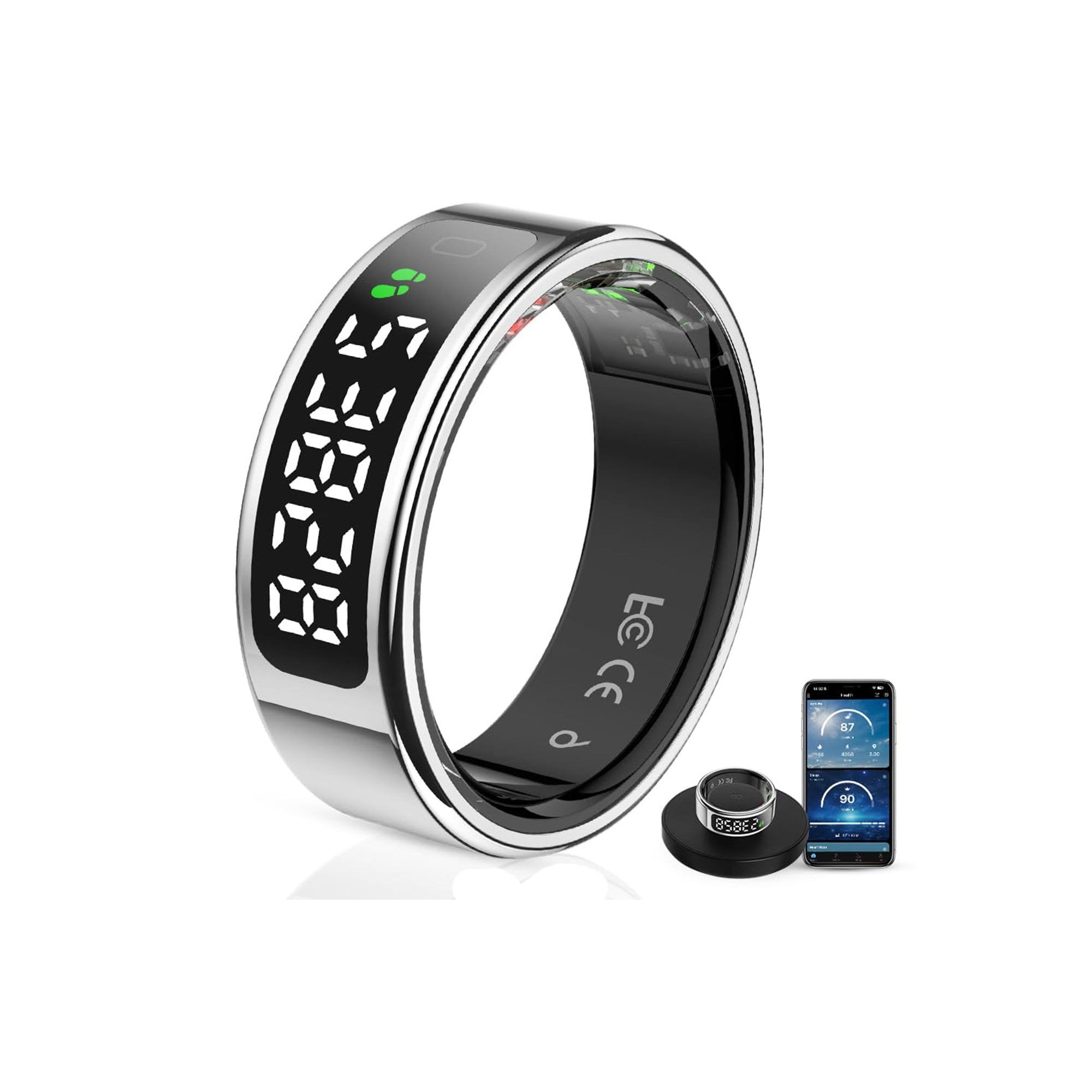 LCD Display Smart Ring Sleep Tracker Heart Rate Monitor Touch Control Silver Size 9
