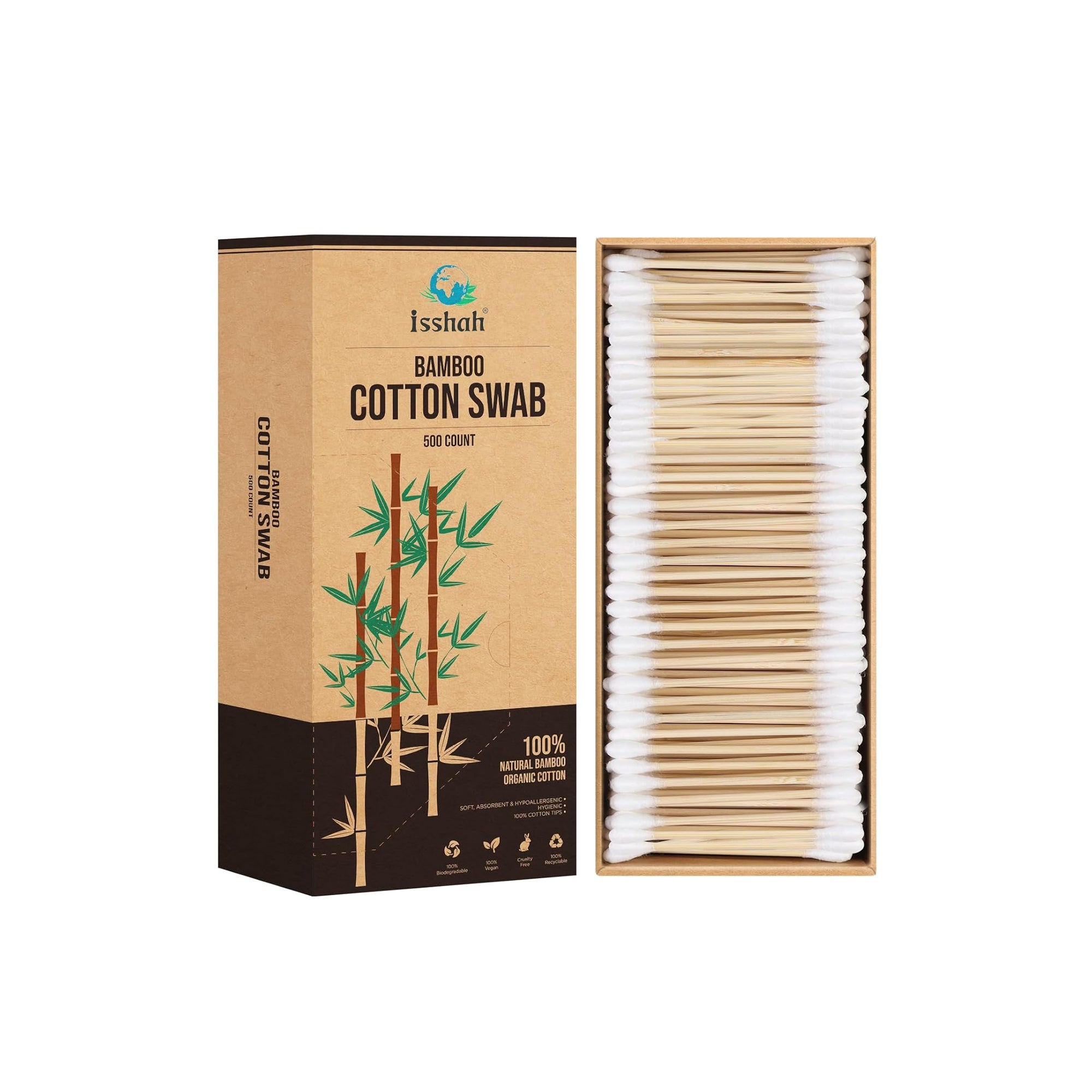 Bamboo Cotton Swabs 500 Count FSC Certified & PETA Approved Eco-Friendly Ear Buds | Plastic-Free, 100% Biodegradable Double-Tip Cotton Swabs