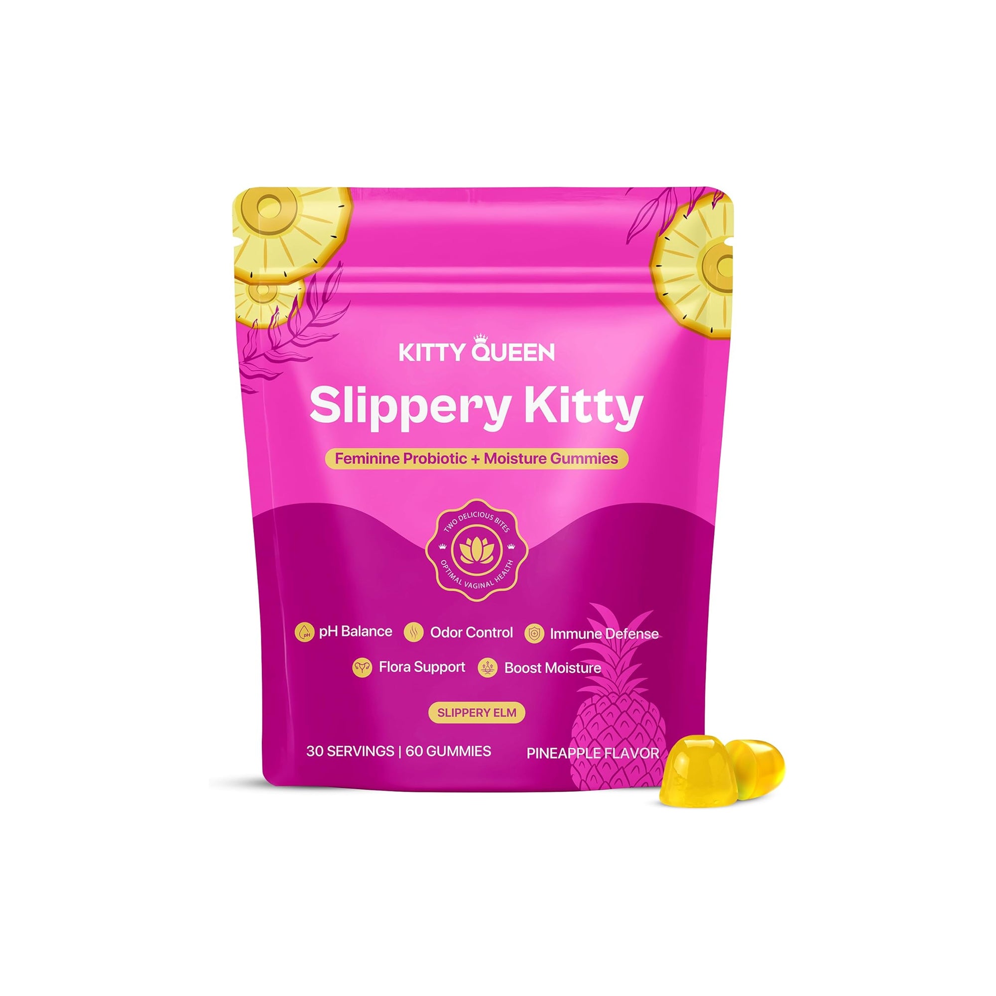 KITTYQUEEN Slippery Kitty Feminine Probiotic Gummies ƒ?? Vaginal Health Support, pH Balance, Odor Control & Moisture Boost (60 Count, Pineapple Flavor)