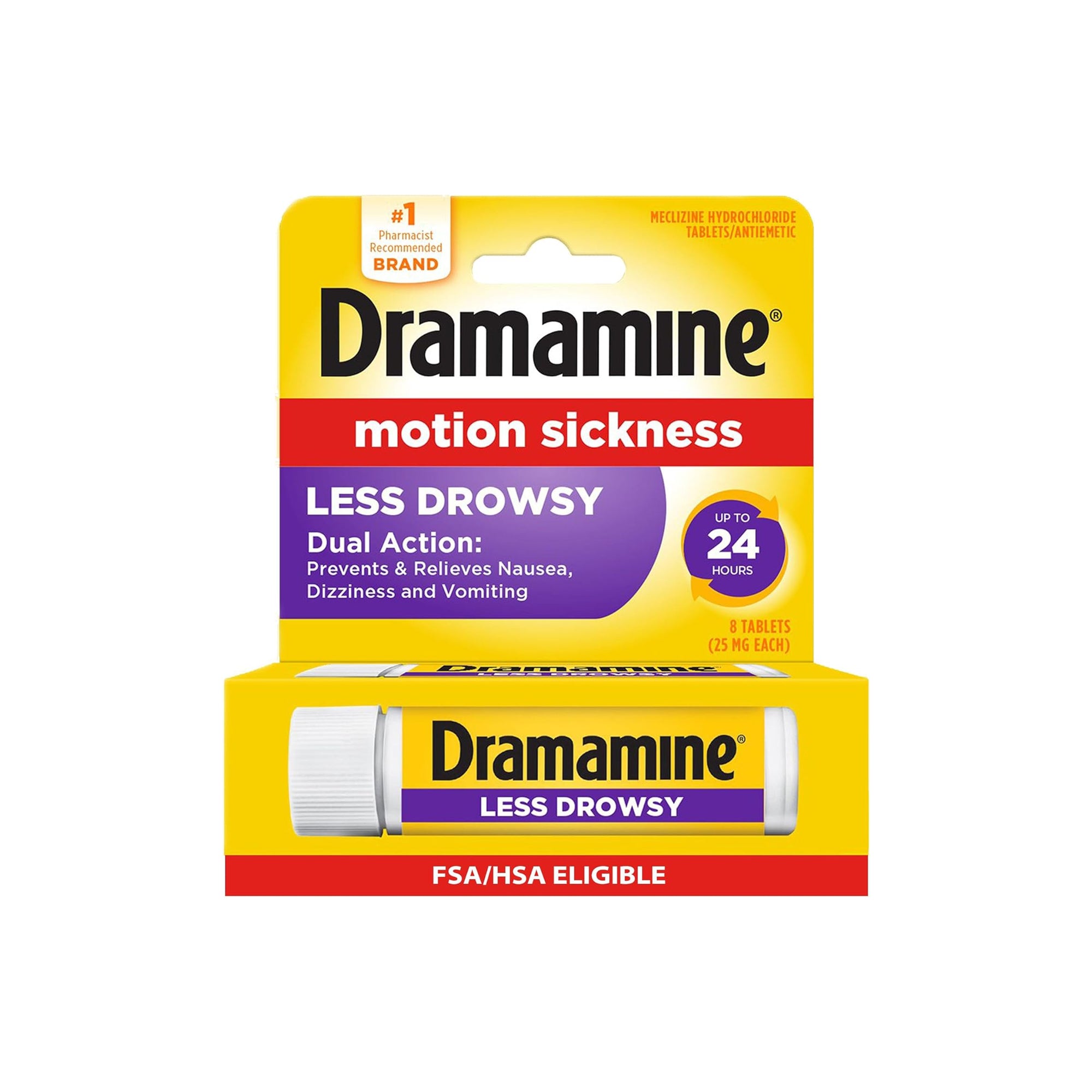 Dramamine Less Drowsy Motion Sickness Relief Tablets Travel Size Vial, 8 Count, Fast Acting Nausea & Dizziness Relief