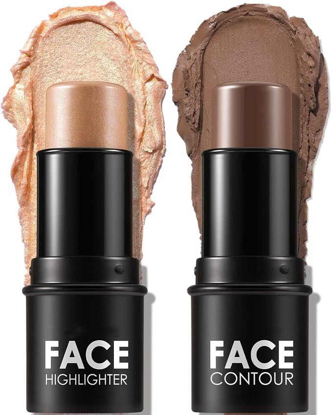 Khazna 2 Pcs Contour Stick, Moisturize Highlighter and Bronzer Pen,Non Stick Face Brightens & Shades Pencil, Long Lasting & Smooth Gliding Face Illuminator Makeup (Deep)