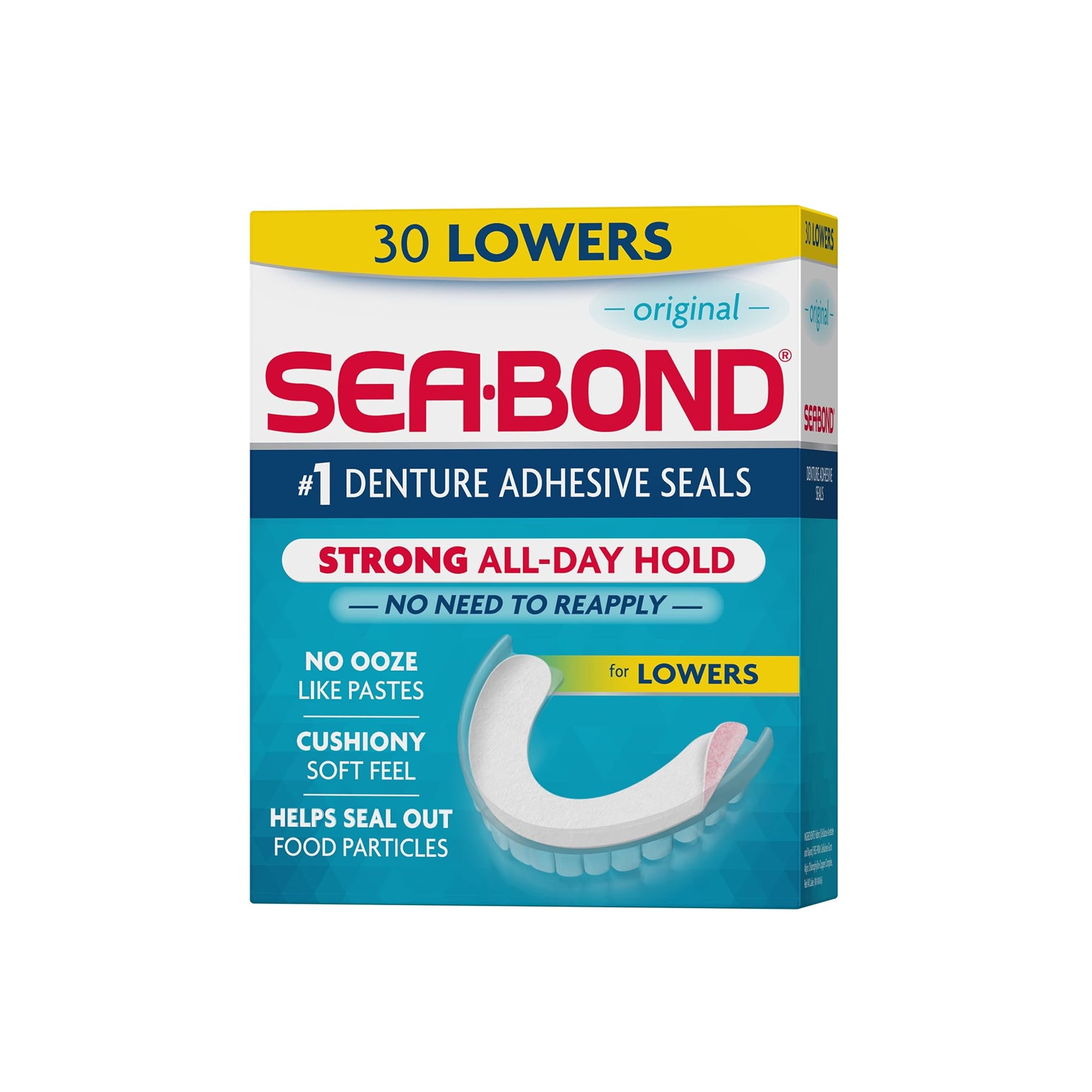 Sea Bond Secure Denture Adhesive Seals ƒ?? Zinc-Free Lower Denture Pads, All-Day Hold, Mess-Free Comfort (30 Count)