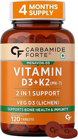 Carbamide Forte Vitamin D3 K2 | Vitamin K2 MK7 Supplement for Bone & Heart Health | Vitamin d for women & men | vitamin k2 and d3 supplements -120 Veg Tablets