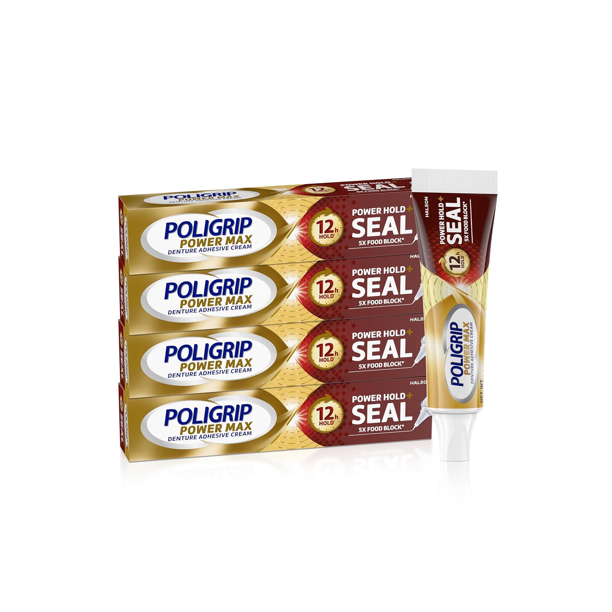 Poligrip Power Max Denture Adhesive Cream ƒ?? Strong Hold & Food Seal, Flavor-Free Formula, 2.2 oz (Pack of 4)