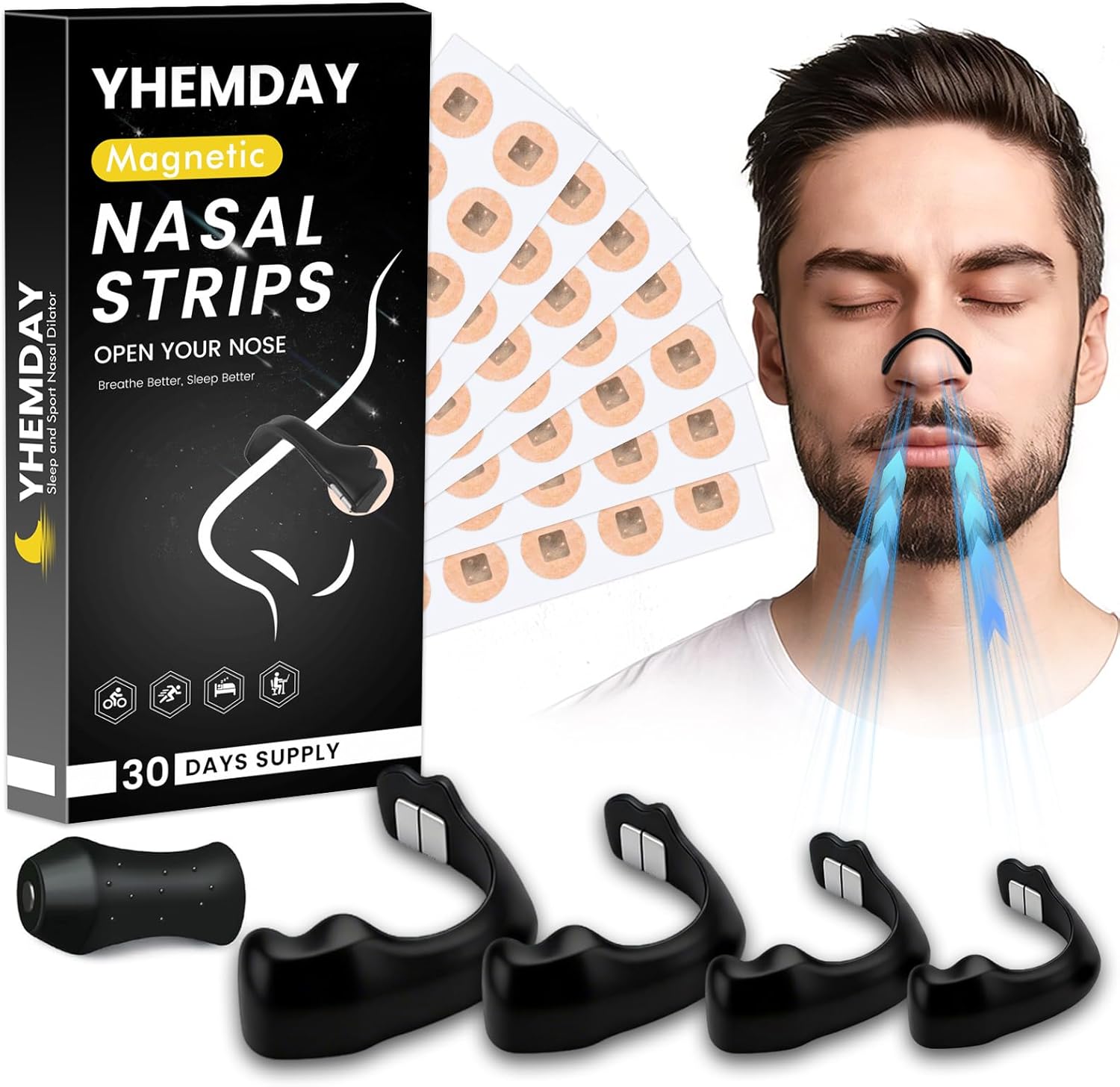 YHEMDAY Magnetic Nasal Strips for Men and Women 30 Day Pack Black