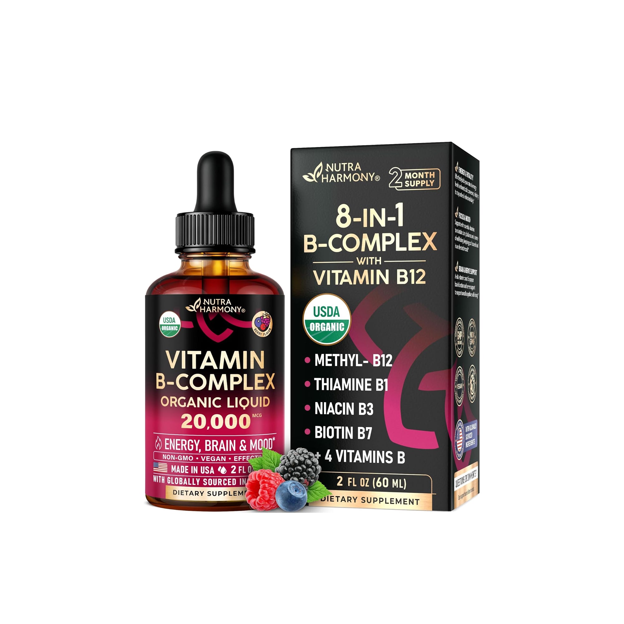 USDA Organic Vitamin B-Complex Supplement ƒ?? B5, B12, B1, B6, B7, B9 & B3 Support for Energy, Metabolism & Nervous System Health