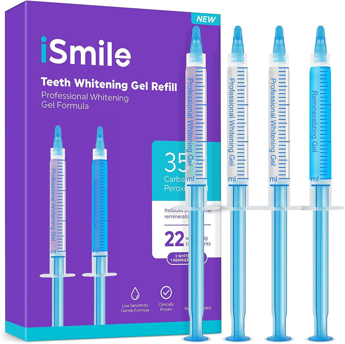 iSmile Teeth Whitening Gel Syringe Refill Pack 3 Whitening Gels + 1 Remineralization Gel, No Sensitivity, Premium Dental Care