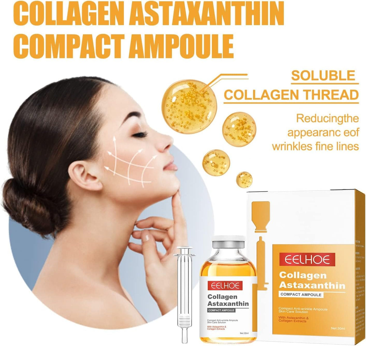 Collagen Astaxanthin Lifting Ampoule 30ml Anti-Wrinkle Face Serum for Firming, Hydration & Skin Tightening