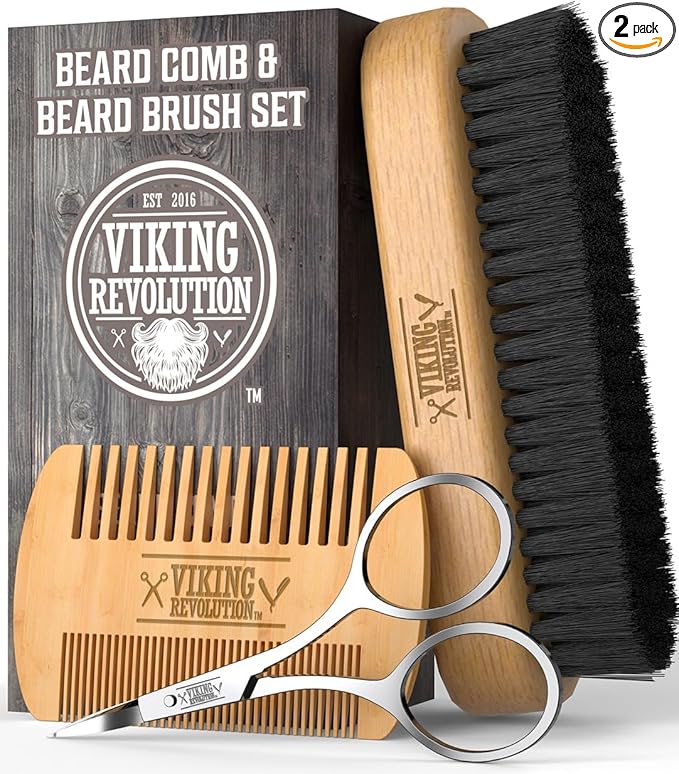 Viking Revolution Premium Beard Grooming Set - Comb and Brush for Smooth and Neat Facial Hair - Awesome Gifts for Men