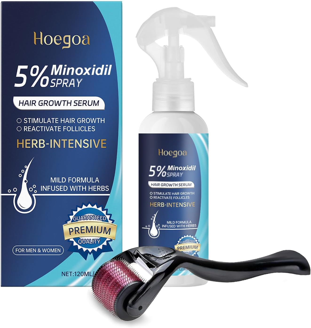 Hoegoa 5% Minoxidil Spray Kit 120ml Hair Growth Serum with Derma Roller for Men & Women, Beard & Scalp Regrowth Support