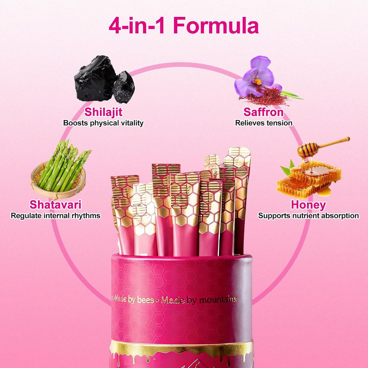 Shilajit Honey Sticks for Women Strawberry Flavor with Shatavari & Saffron (30 Pack)