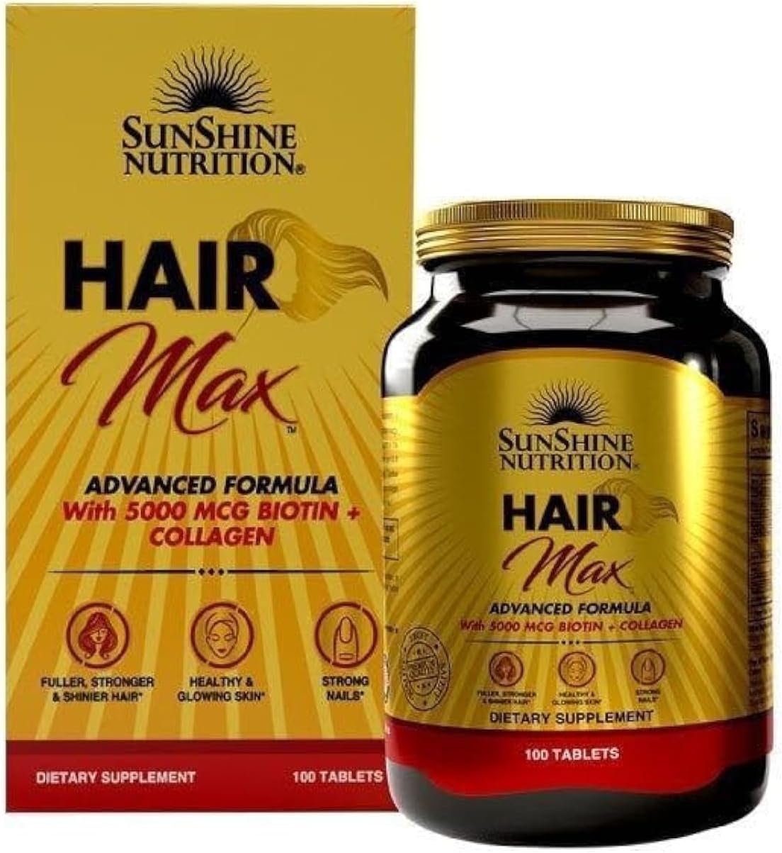Sunshine Nutrition Hair Max Advanced Formula Biotin 5000mcg + Collagen Hair, Skin & Nails Supplement, 100 Tablets