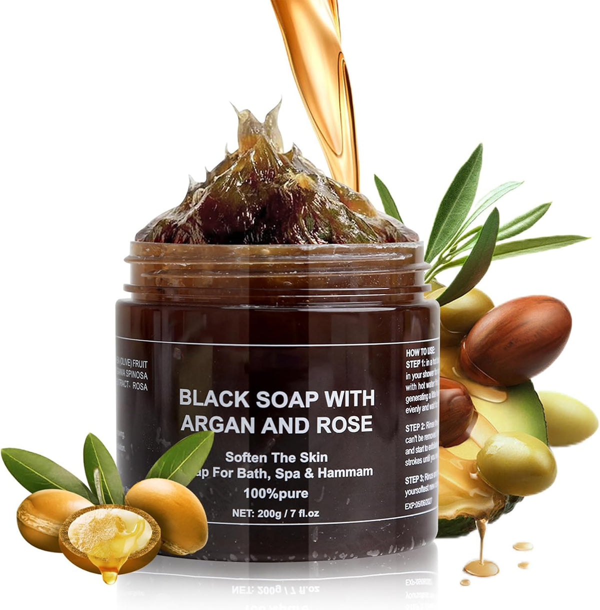 Pure Moroccan Black Soap with Argan and Rose for Bath Spa and Hammam 200g