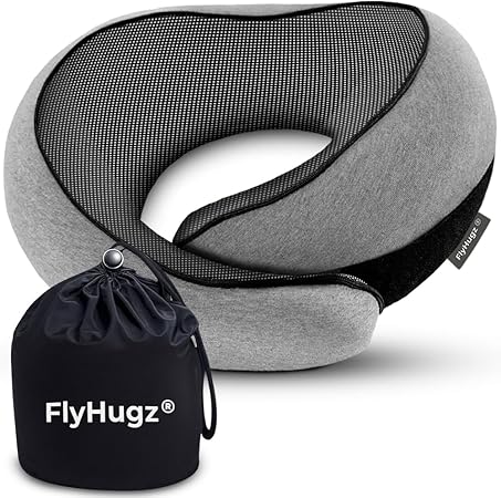 FlyHugz™ Neck Travel Pillow | Memory Foam Neck Pillow for Comfort on Airplane | Compact and Ergonomic Design for Travel, Car Rides, and Home Use | Ideal for Adults and Kids (Gray