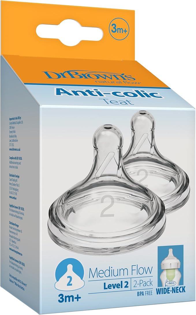 Dr. Brown's Natural Flow Level 2 Baby Bottle Nipples, 2-Pack, Medium Flow, 3+ Months