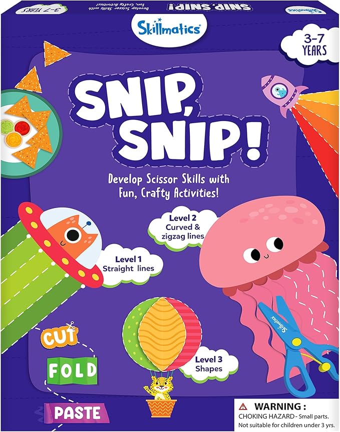 Skillmatics Scissor Skills Activity Book - Snip Snip, 25 Fun Cutting & Creative Activities for Preschoolers, 2 Child-Safe Scissors, Fine Motor Skills Craft Kit, Gifts for Kids Ages 3, 4, 5, 6, 7