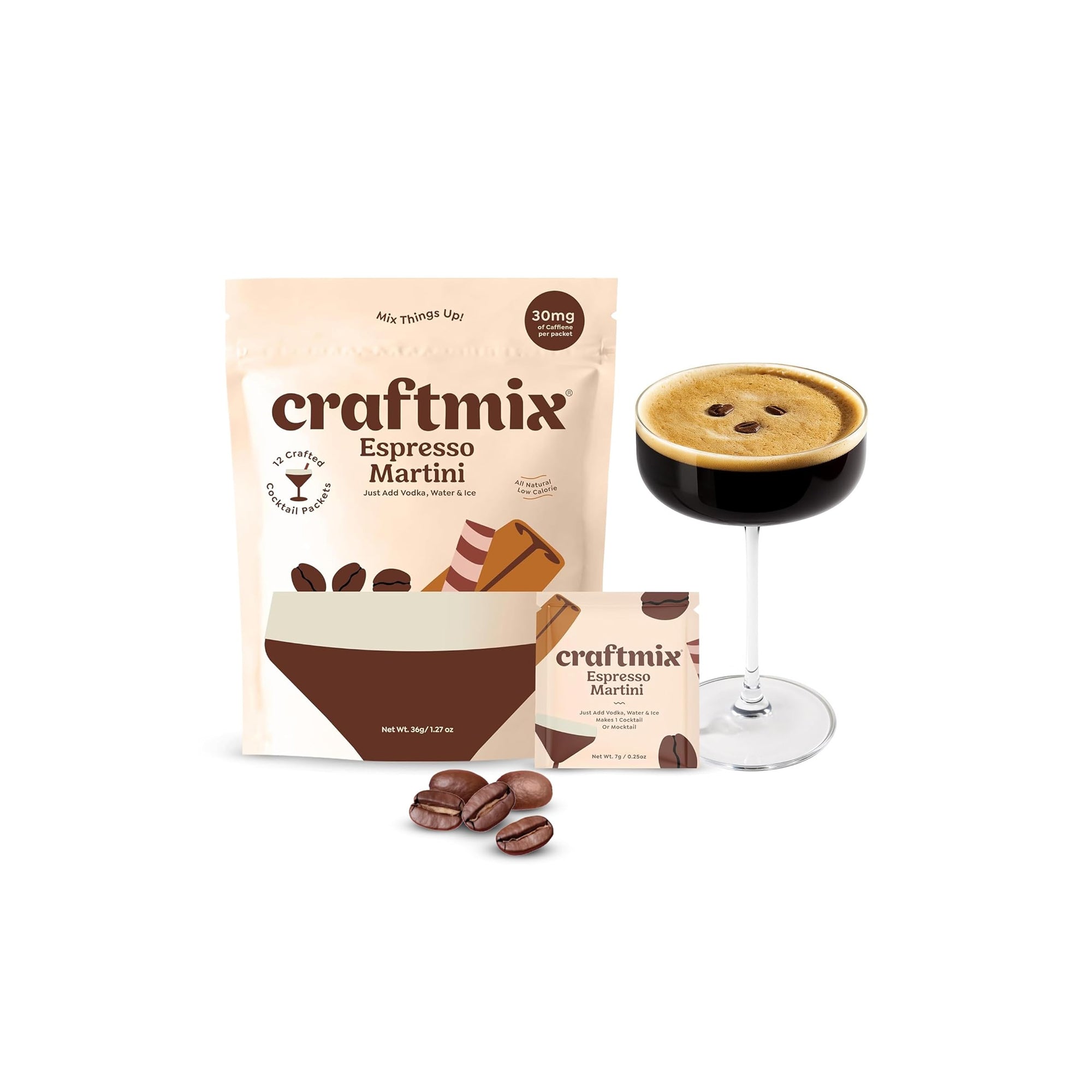 Craftmix Espresso Martini Drink Mixer Packets ƒ?? Vegan, Low-Carb Cocktail & Mocktail Mix with Real Coffee Beans