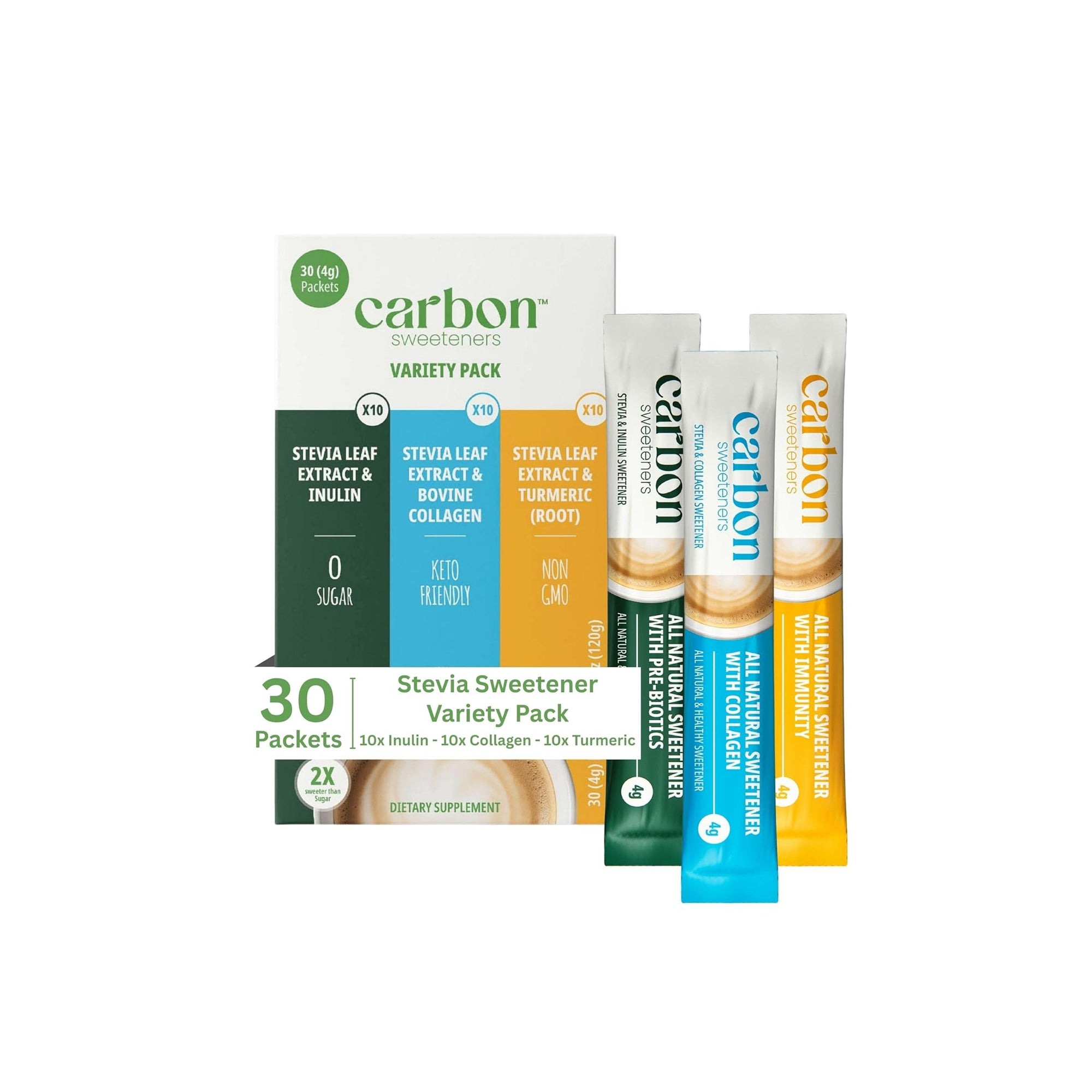 Carbon Sweeteners Variety Pack ƒ?? Stevia Sweetener Packets with Collagen, Turmeric & Inulin | Supports Gut, Skin, Joint & Immune Health (30 Count)