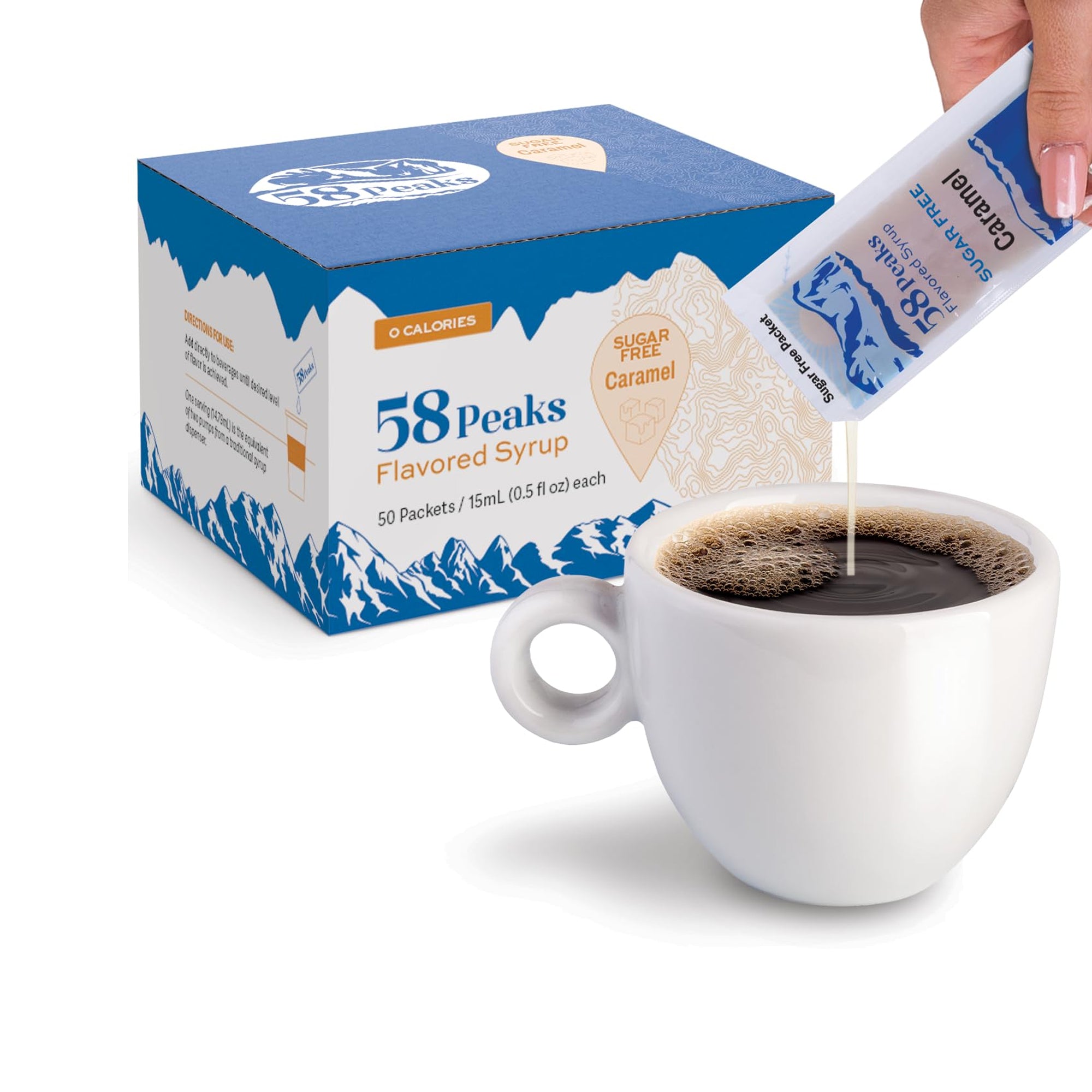 58Peaks Sugar-Free Caramel Syrup Packets ƒ?? To-Go Flavoring for Coffee, Tea & Milkshakes | Low-Calorie Sugar-Free Drink Sweetener