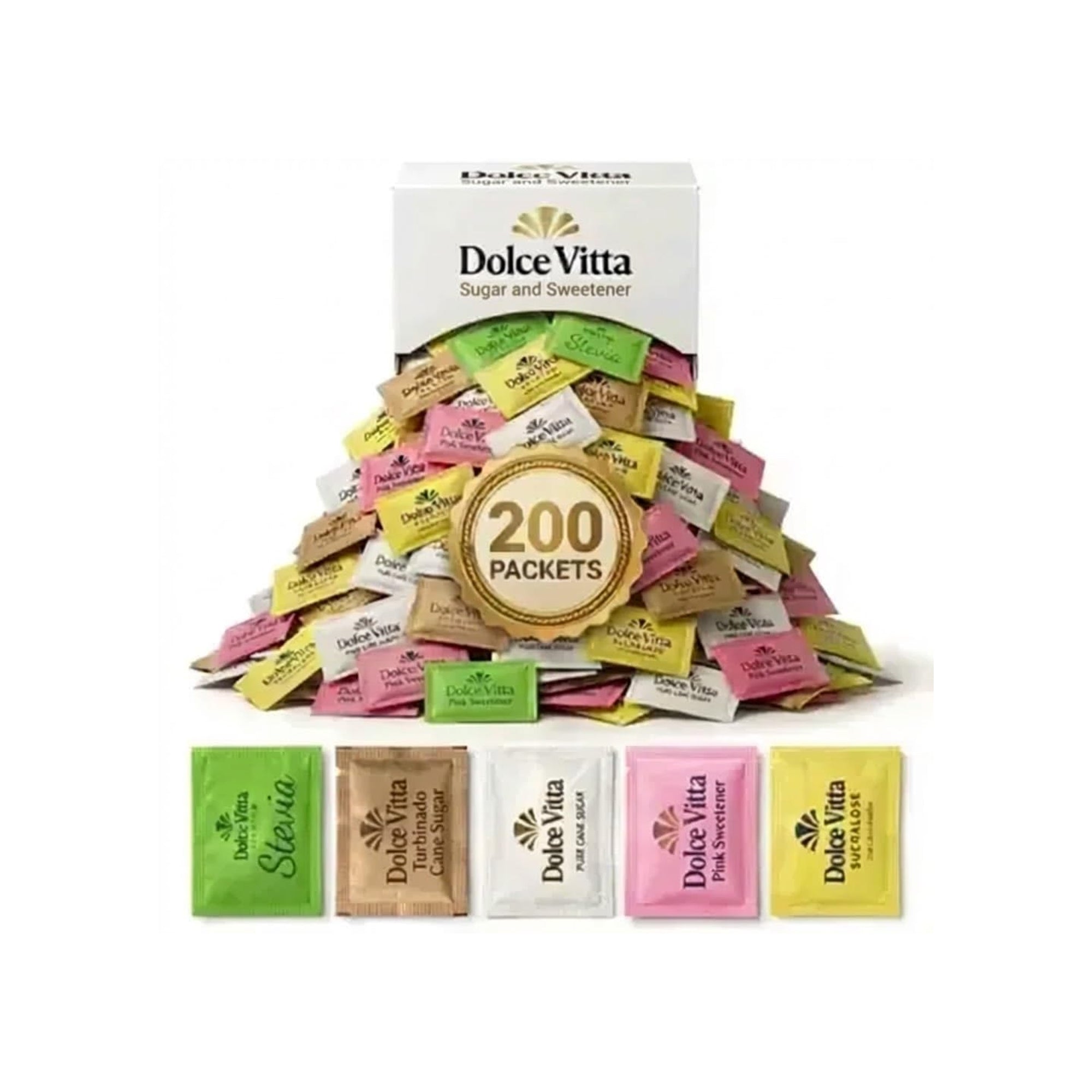 Dolce Vitta Sugar & Sweetener Variety Pack ƒ?? 200 Packets | Stevia, Sucralose, Saccharin & Natural Sugar Mix for Coffee & Drinks