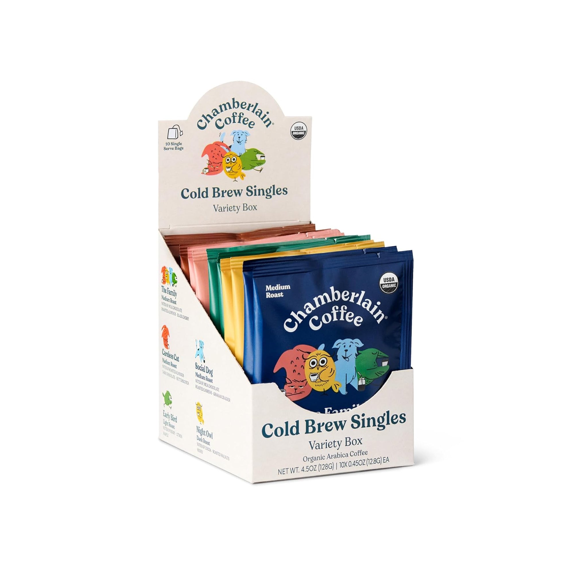 Chamberlain Coffee Organic Cold Brew Singles ƒ?? Medium Roast Variety Pack (10 Single-Serve Bags) | Ready-to-Brew Iced Coffee