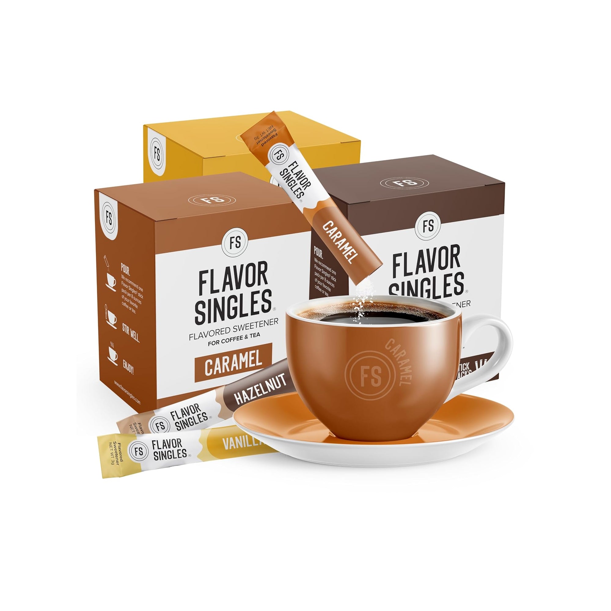 Flavor Singles Variety Pack ƒ?? Vanilla, Hazelnut & Caramel Powdered Sweetener Packets | Coffee & Tea Syrup Alternative (30 Count)