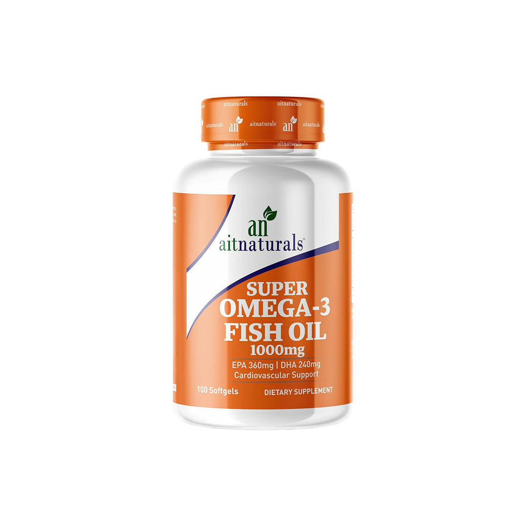 Aitnaturals Super Omega 3 Fish Oil (1000mg)- 100 Softgels | Double Strength EPA(360mg)+ DHA(240mg) Formula for Cardiovascular Support, Healthy Eyes, Hair,...